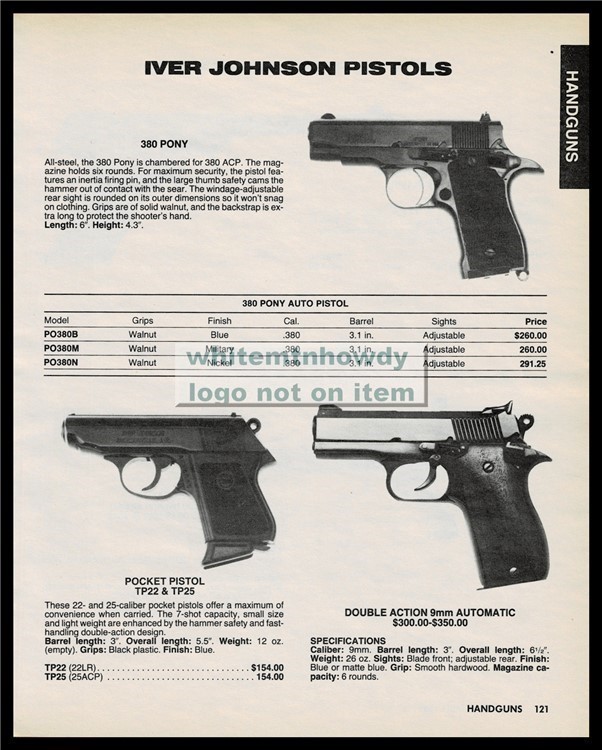 1988 IVER JOHNSON 380 Pony, Pocket TP22 TP25, Double Action 9mm Auto Pistol-img-0