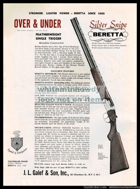 1958 BERETTA Silver Snipe Featherweight Single Trigger Shotgun PRINT AD-img-0