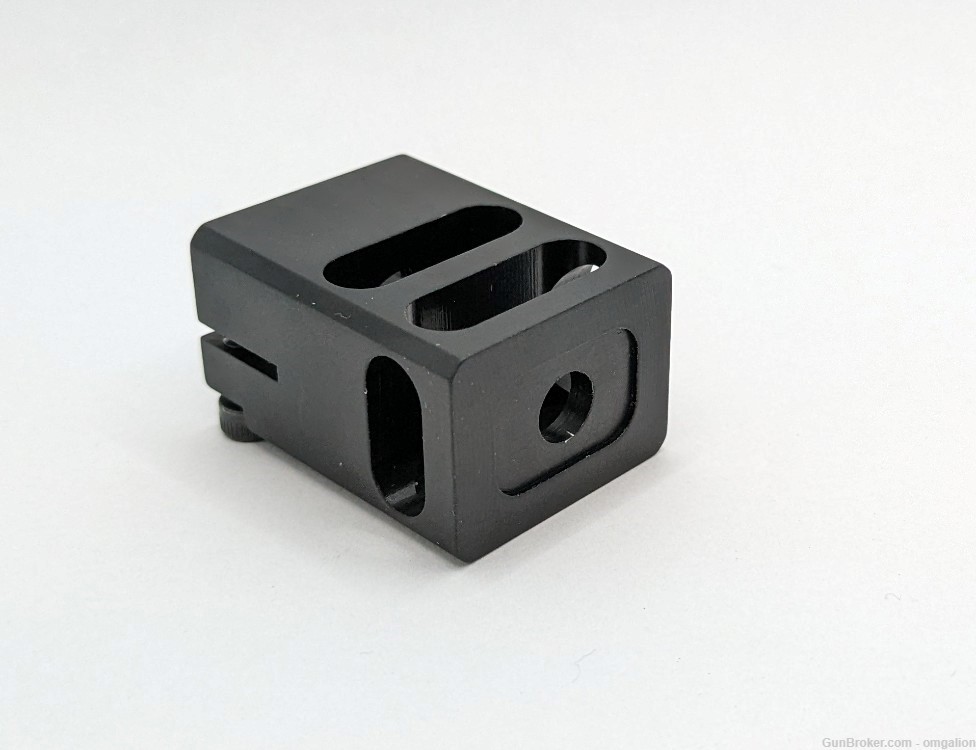 1/2x28 .22LR Muzzle Brake Anodized Black, clamp on for Glock 17 width slide-img-0