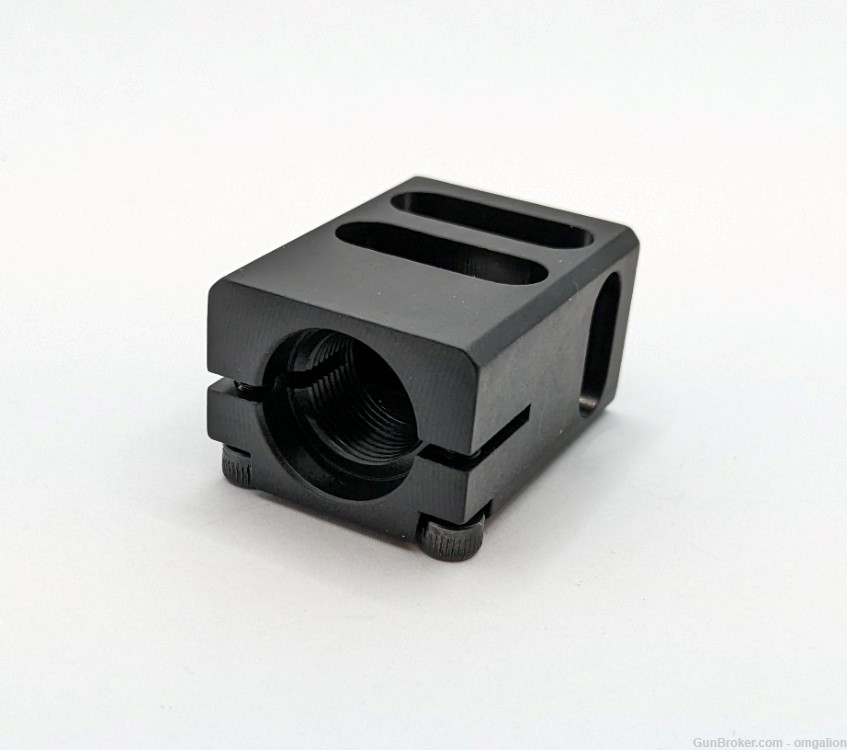 1/2x28 .22LR Muzzle Brake Anodized Black, clamp on for Glock 17 width slide-img-1