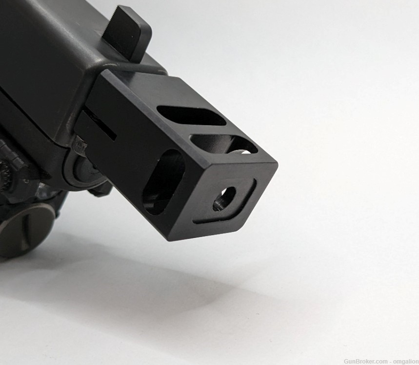 1/2x28 .22LR Muzzle Brake Anodized Black, clamp on for Glock 17 width slide-img-2