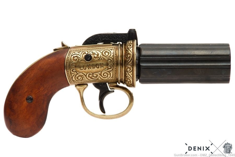 1840s NF Replica British Pepperbox Revolver Brass Pistol by Denix of Spain-img-0