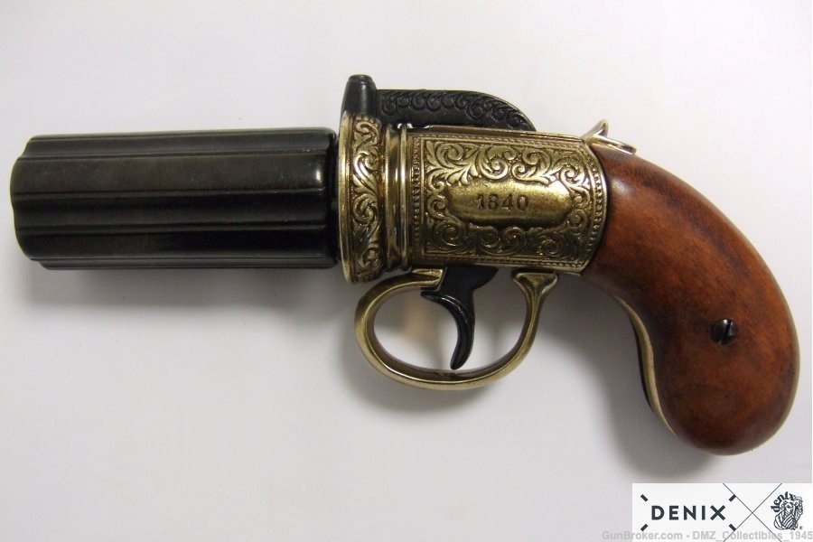 1840s NF Replica British Pepperbox Revolver Brass Pistol by Denix of Spain-img-4