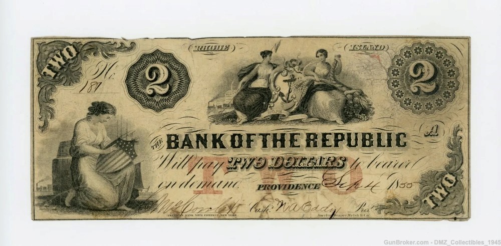 1850s $2 Rhode Island Bank Note Currency Note Money -img-0