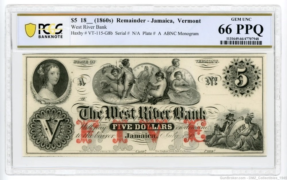 1850s-60s $5 Vermont Bank Note Antique Currency Money-img-0