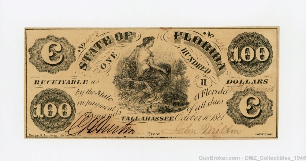 Civil War Era $100 Florida State Note Antique Currency Money -img-0