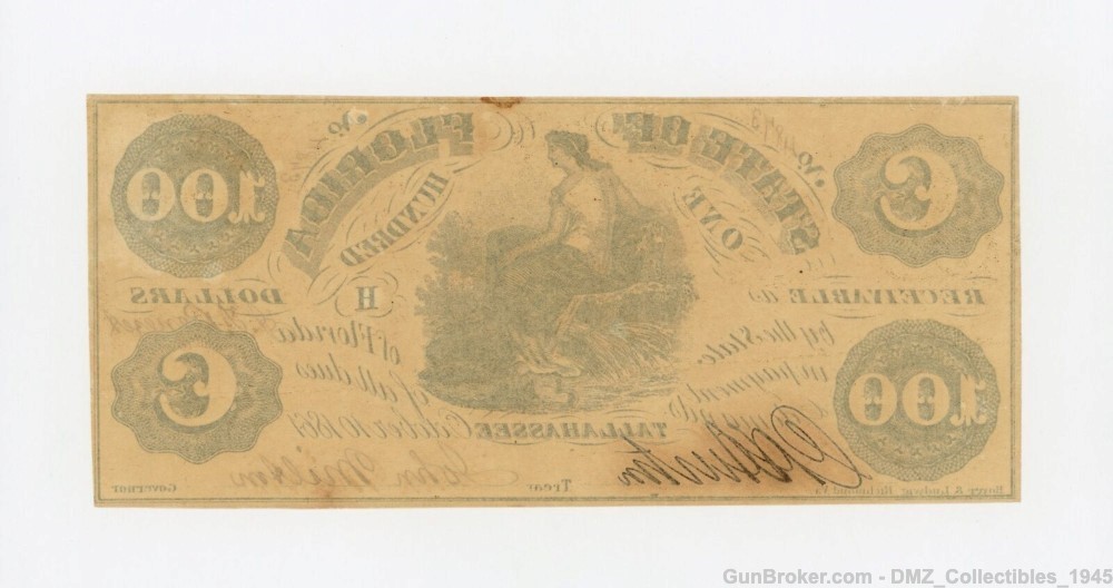 Civil War Era $100 Florida State Note Antique Currency Money -img-1