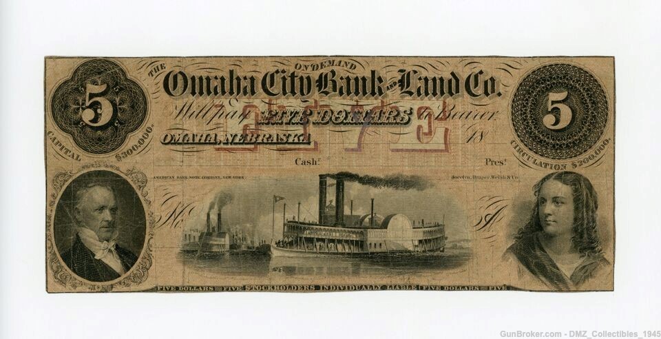 Pre Civil War 1858 $5 Nebraska Bank Note Money Currency-img-0