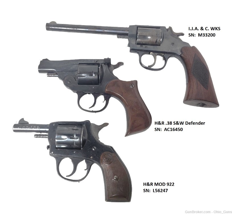 I.J.A & C. Wks H&R .38 S&W Defender H&R Model 922 Revolvers Used Lot of 3-img-0
