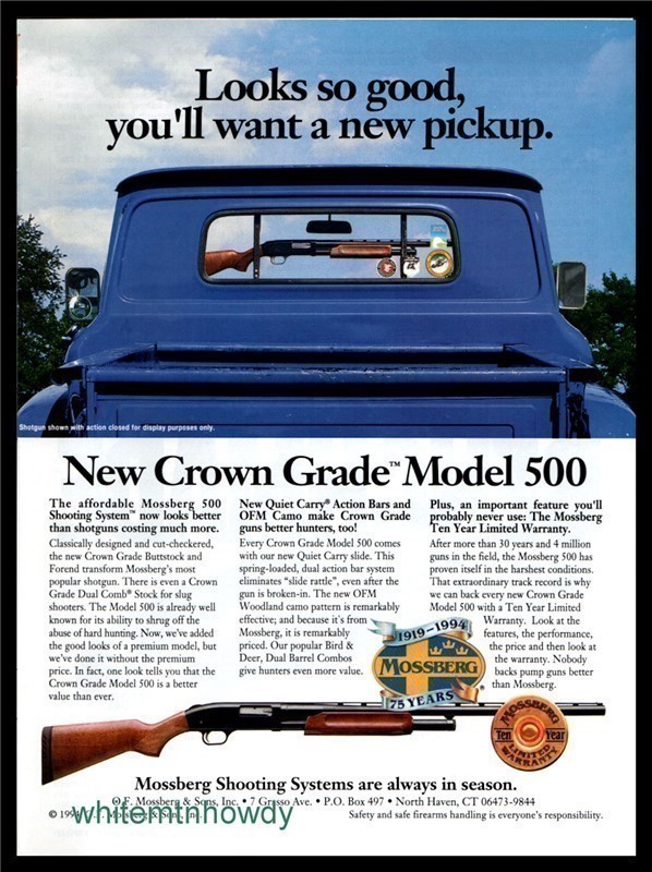 1995 MOSSBERG Crown Grade Model 500 Shotgun in Pickup Truck PRINT AD-img-0