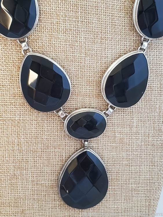 Faceted Black Onyx Necklace in Layered 925 Sterling Silver Settings.18"lg.-img-4
