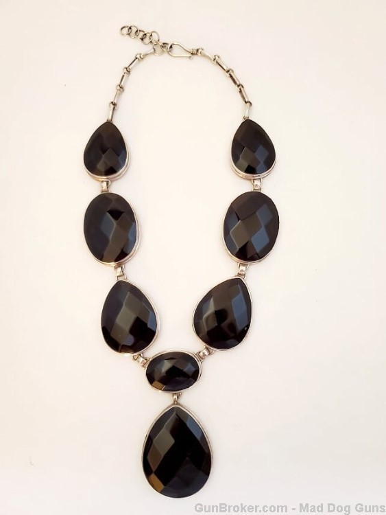 Faceted Black Onyx Necklace in Layered 925 Sterling Silver Settings.18"lg.-img-0