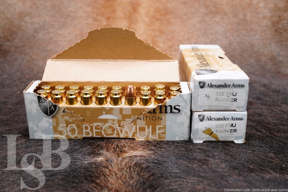 60x .50 Beowulf Ammunition Alexander Arms 335 Grain FMJ & JHP Bullets-img-0