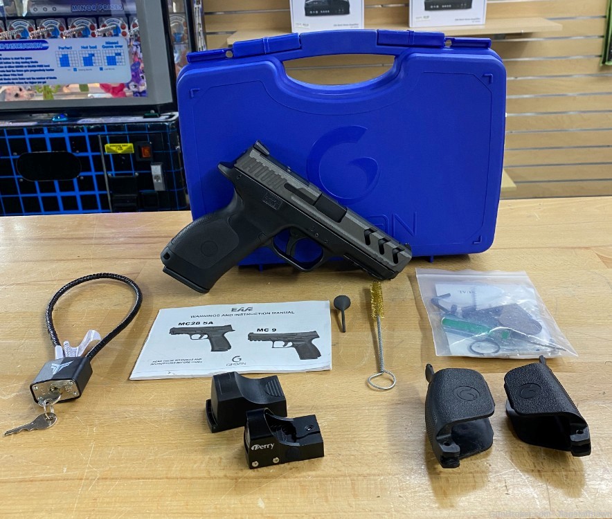 EAA MC28 SA T 9mm Pistol w/ Case, Derry Red Dot Sight, and extras-img-0