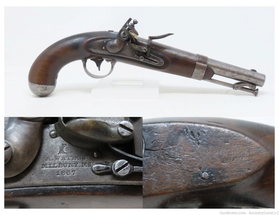 1837 Antique ASA WATERS U.S. M1836 .54 Military DRAGOON FLINTLOCK Pistol   -img-0