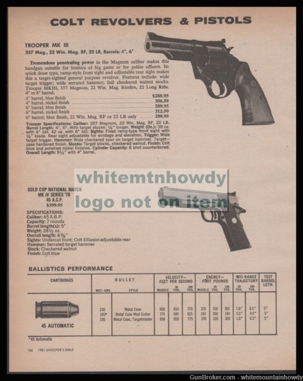 1981 COLT trooper MK III, Gold Cup National Match Revolver PRINT AD-img-0