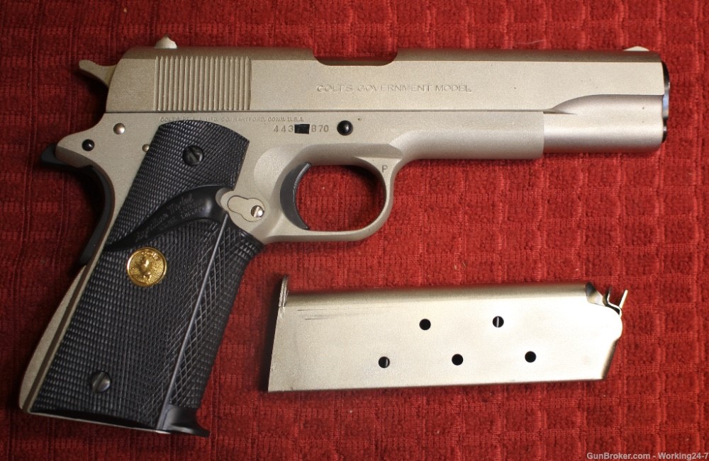 Colt 1911 E Nickel Series 70 45 ACP Matching Magazine Full Size Handgun-img-0