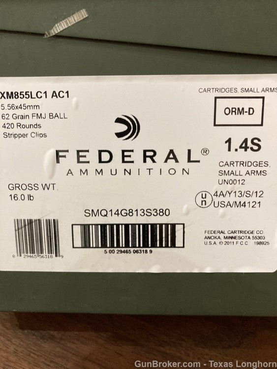 .223 Federal 5.56 x 45mm 62gr .223 FMJ 10rd Clips 420 Round Ammo Can XM855-img-1