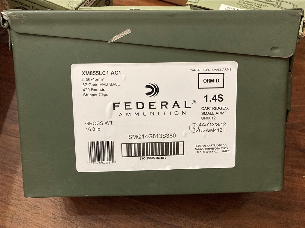.223 Federal 5.56 x 45mm 62gr .223 FMJ 10rd Clips 420 Round Ammo Can XM855-img-0