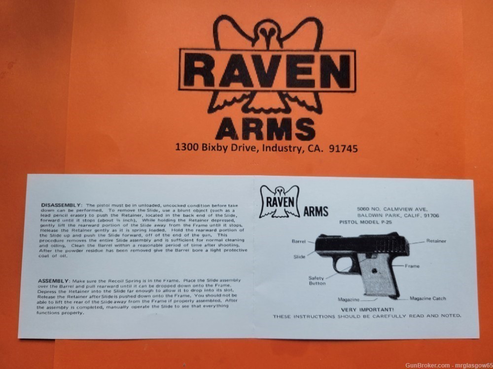 Raven Arms 1st Generation Model P-25 P25 P 25 Owners Manual - Baldwin Park -img-0