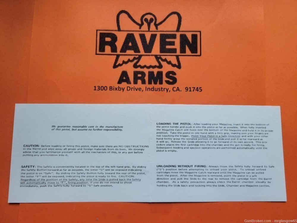 Raven Arms 1st Generation Model P-25 P25 P 25 Owners Manual - Baldwin Park -img-1