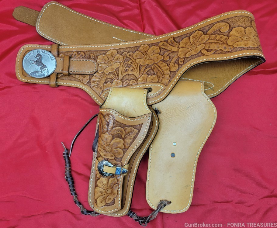 Colt SAA carved western gun belt holster for 4-3/4 or 5-1/2  Rhodium Buckle-img-9