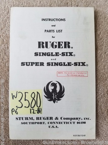 Orig Ruger Single-Six Owners Instruction Manual 12/81-img-0