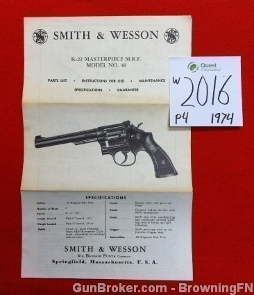 Orig S&W Model 48 K-22 Owners Instruction Manual 1974-img-0