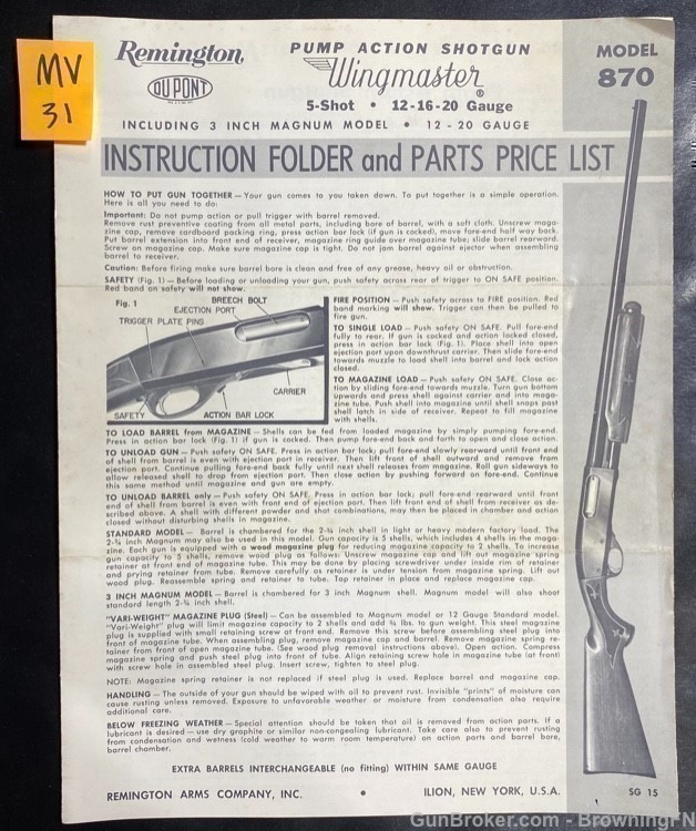 Orig Vintage Remington Model 870 Owners Instruction Manual-img-0