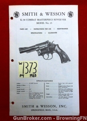 Orig S&W Model 15 K-38 Owners Instruction Manual 1960-img-0