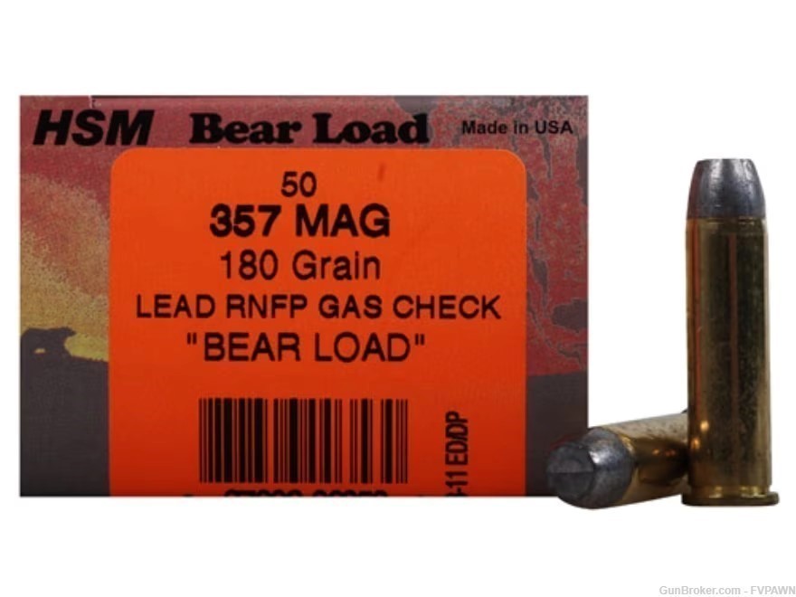 2 Box HSM Bear Ammo 357 Magnum 180 Grain Lead Round Nose Flat Point 100 Rds-img-0