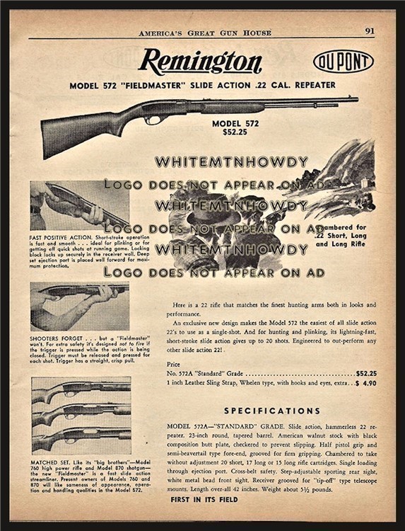 1958 REMINGTON 572 Fieldmaster Rifle AD w/original prices & specs-img-0