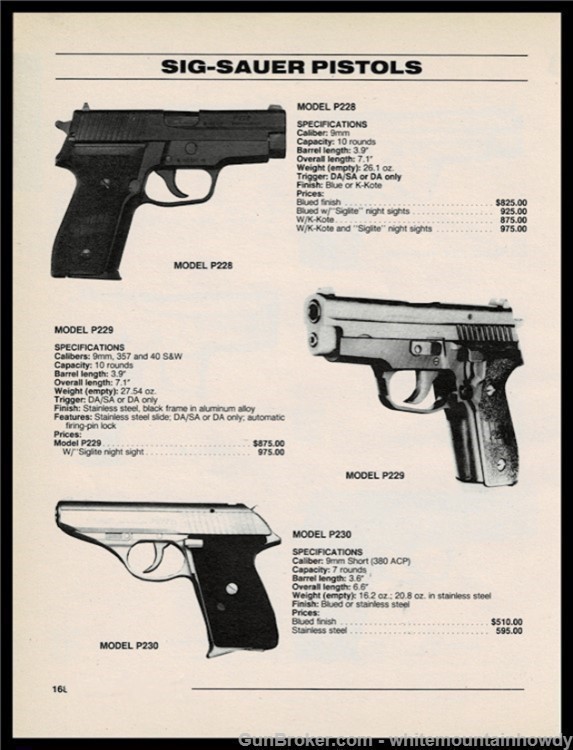 1996 SIG Sauer P228, P229, P230 Pistol AD w/specs and original prices-img-0