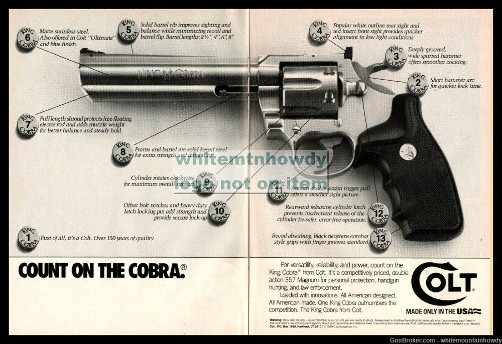 1989 COLT KING COBRA Revolver 2-page Photo AD Large Gun Image-img-0