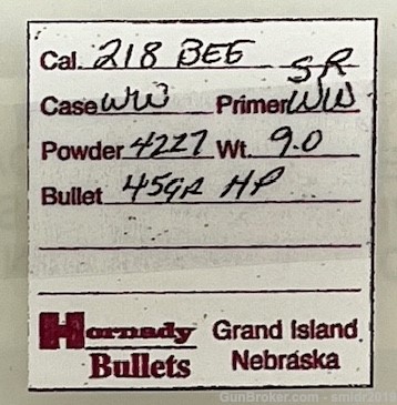 New-218 Bee Precision Hand Loaded Hornady 45gr HP Free Case Nice!-img-6