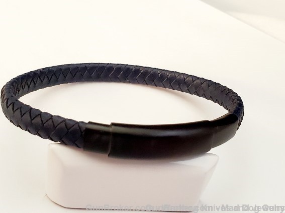 ITALGEM STEEL Mens Navy Leather Bracelet.Steel IP Blk Clasp.SLB23.*REDUCED*-img-1