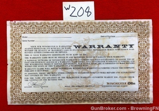 Orig Winchester Warranty Card Model 101 23 70 etc.-img-0
