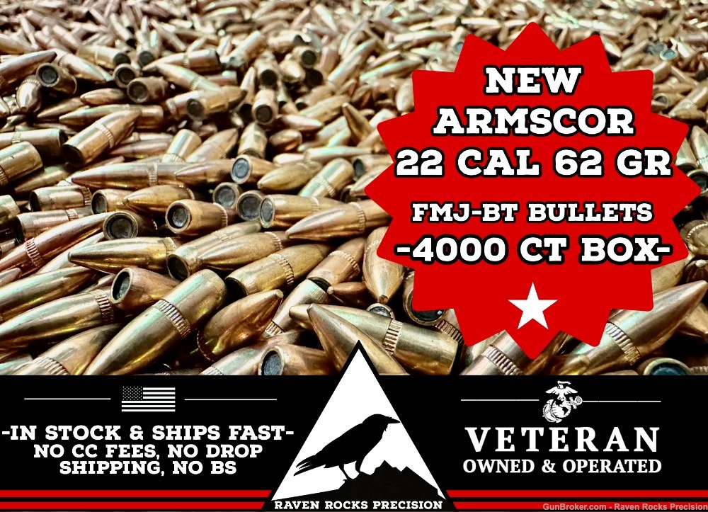 Armscor 22 Cal (.224") 62gr FMJ-BT Bullets - 4000 ct box - Brand New-img-0