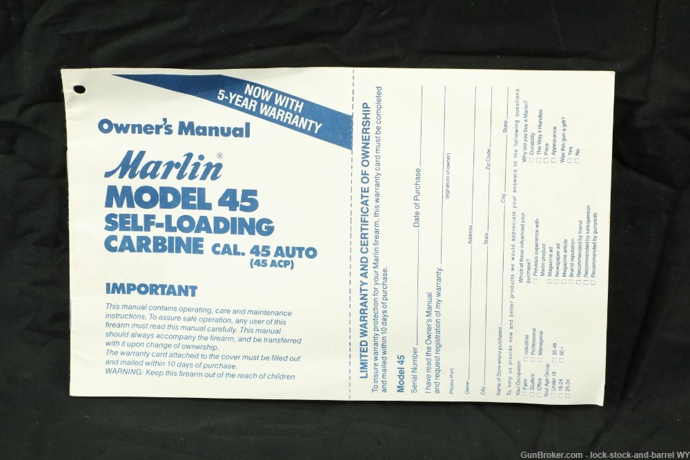 Marlin Camp Carbine Model 45 16.5" Semi Auto .45 ACP Rifle 1911, MFD 1993-img-33