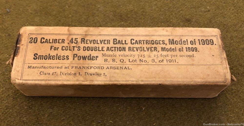 Rare sealed 20 round box Frankford Arsenal .45 Long Colt for Model 1909 -img-0