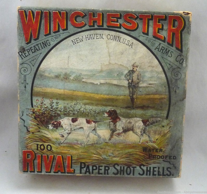 Winchester 100 shot shell Christmas box Rival 12 Ga antique lithograph dogs-img-0
