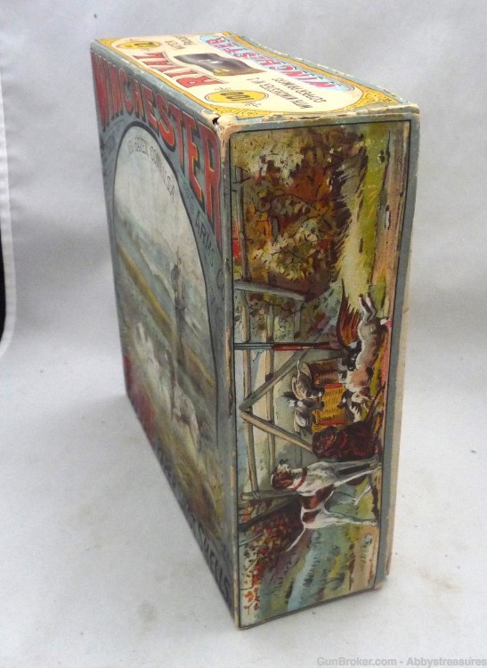 Winchester 100 shot shell Christmas box Rival 12 Ga antique lithograph dogs-img-1