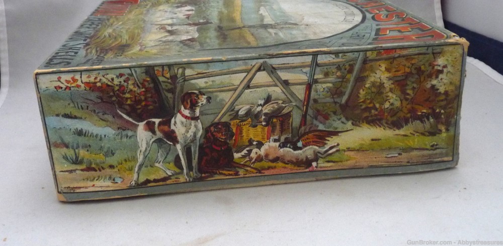 Winchester 100 shot shell Christmas box Rival 12 Ga antique lithograph dogs-img-5