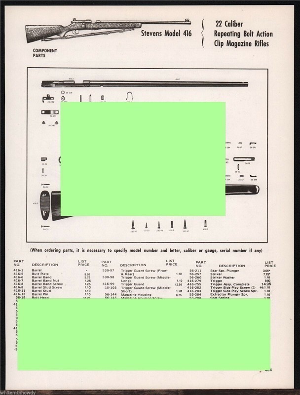 1994 STEVENS 416 Bolt Action Rifle Parts List AD-img-0