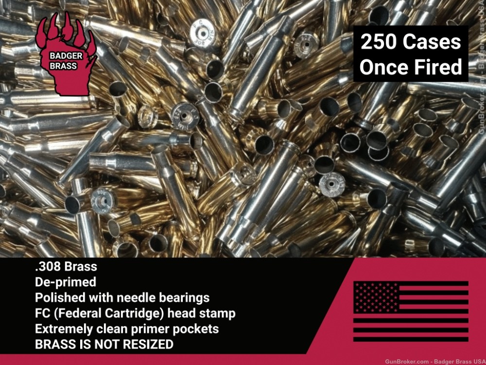 .308 Win Federal Brass. 250 Once Fired Casings. Deprimed and Polished.-img-0