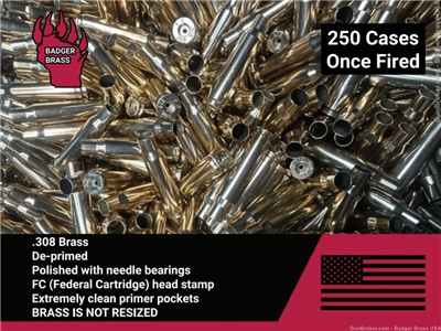 .308 Win Federal Brass. 250 Once Fired Casings. Deprimed and Polished.