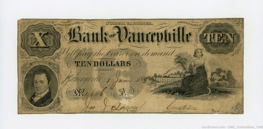 Pre Civil War $10 North Carolina Bank Note Money Currency-img-0