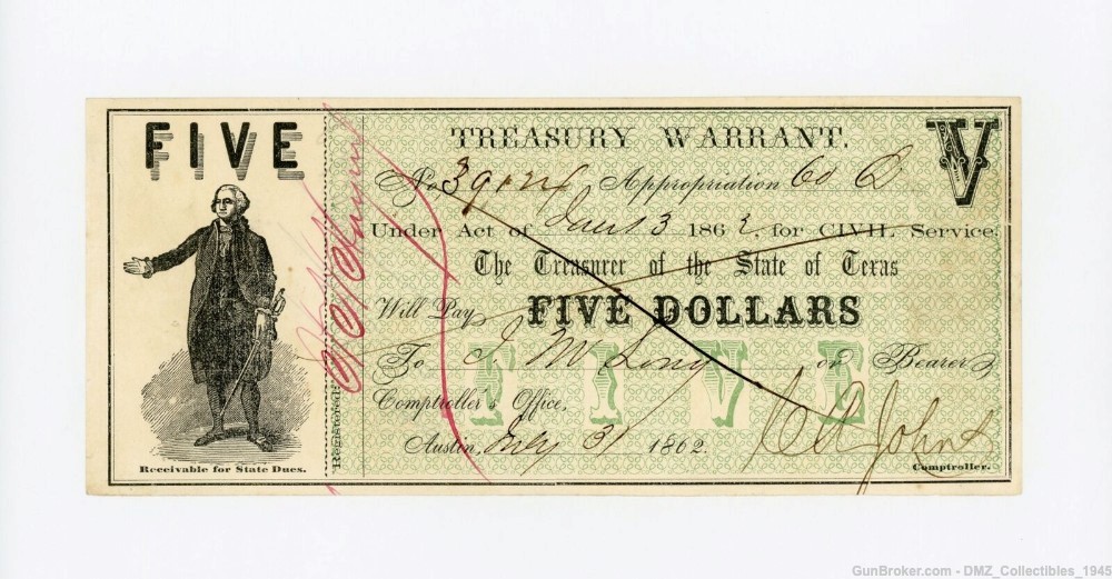 Civil War Era $5 Texas Treasury Warrant Note Money Currency-img-0