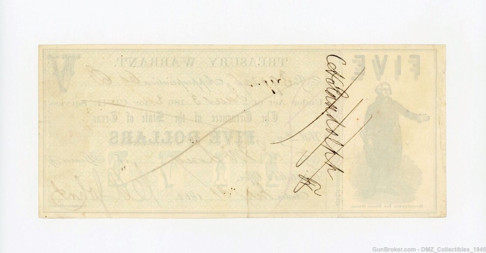 Civil War Era $5 Texas Treasury Warrant Note Money Currency-img-1