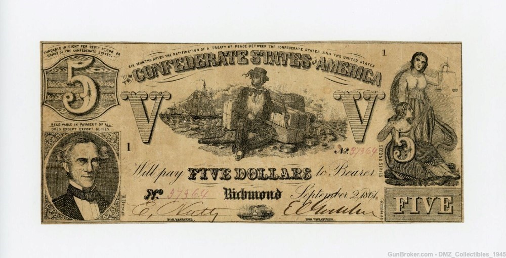 Civil War Era $5 CSA Confederate Note Money Currency-img-0